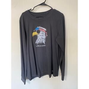 Life is Good Black Womens Crusher Long Sleeve Eagle Flag Tee Shirt XL 100 Cotton